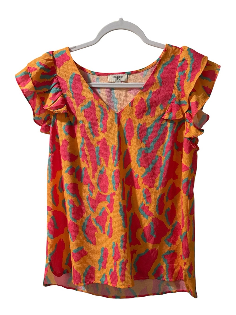 Umgee Women's Yellow Multi-Color Ruffle Sleeve V-Neck Top Size Small